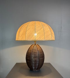 Boho midcentury pencil reed rattan bamboo XL table lamp, mushroom shade, 1970s