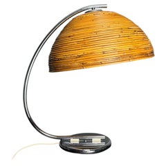 XL midcentury Italian pencil reed rattan bamboo arc table or desk lamp, 1970s