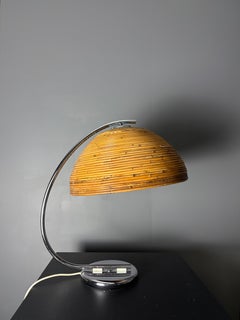 XL midcentury Italian pencil reed rattan bamboo arc table or desk lamp, 1970s