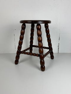 Midcentury bobbin wood turned stool, Charles Dudouyt style, France, 1950s
