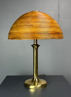Italian midcentury pencil reed rattan brass Fungo mushroom table lamp 1970s