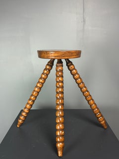 Midcentury bobbin wood turned farm house stool, France ca 1960s