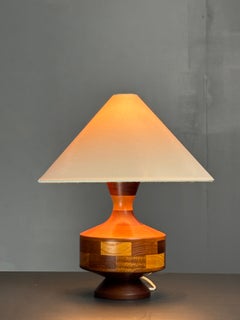 Mid-Century teak table lamp with geometric wood inlay, English, circa 1955–1965