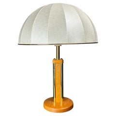 Midcentury Hollywood regency oak and brass Austrian table lamp, mushroom shade