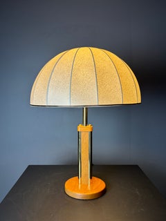 Midcentury Hollywood regency oak and brass Austrian table lamp, mushroom shade