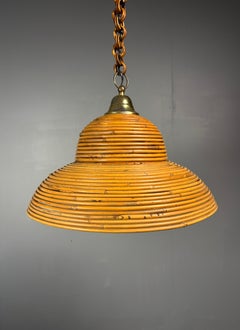 Midcentury Italian pencil reed rattan bamboo and brass hanging pendant lamp, 197