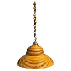 Midcentury Italian pencil reed rattan bamboo and brass hanging pendant lamp, 197