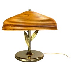 Midcentury pencil reed rattan bamboo and brass flower table desk lamp, Italy 80s