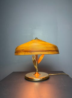 Midcentury pencil reed rattan bamboo and brass flower table desk lamp, Italy 80s