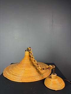 Midcentury Italian pencil reed rattan bamboo and brass hanging pendant lamp, 197