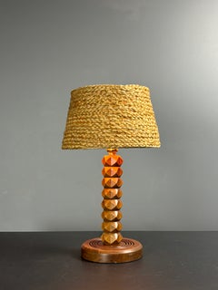 Midcentury French brutalist wood turned table lamp, style of Charles Dudouyt