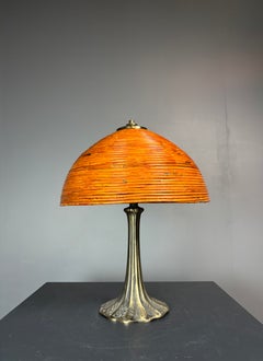 Midcentury modern mushroom pencil reed rattan bamboo and brass table lamp. 1970s