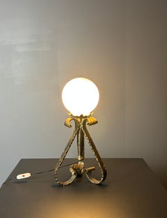 Midcentury brutalist wrought iron and opaline table lamp, Spain ca 1960s