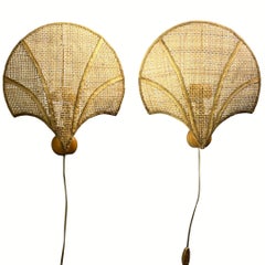 Pair midcentury Italian rattan wicker pine and brass scallop wall sconces 1970s