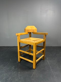 Dutch postmodern brutalist oak corner occasional side chair rush seat 1970s