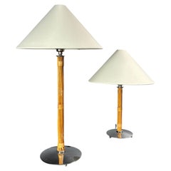 Set of 2 French pencil reed rattan bamboo and chrome table lamps, 1980s