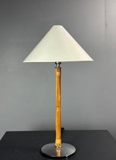 Set of 2 French pencil reed rattan bamboo and chrome table lamps, 1980s