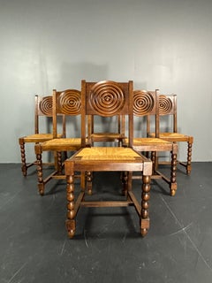 Set of 6 French farmhouse wood turned rush dining chairs Charles Dudouyt style