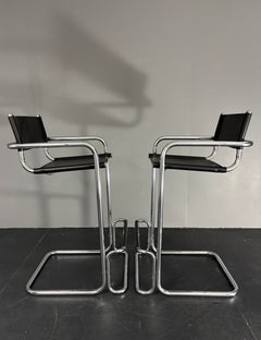 Pair Italian bauhaus tubular chrome high barstools, 1970s - 1980s