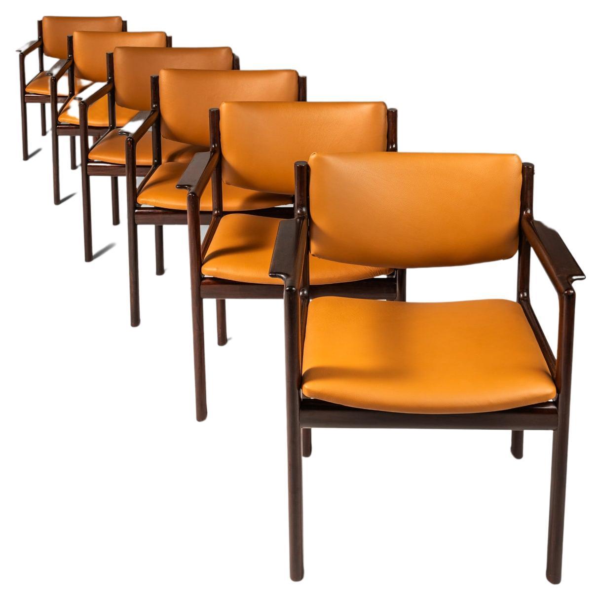 Set of 6 Mahogany & Leather Arm Chairs, by Danish Overseas Imports, c. 1960's For Sale