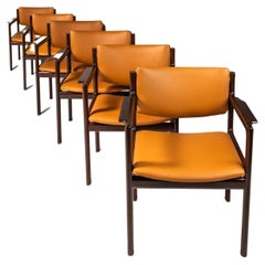 Retro Set of 6 Mahogany & Leather Arm Chairs, by Danish Overseas Imports, c. 1960's