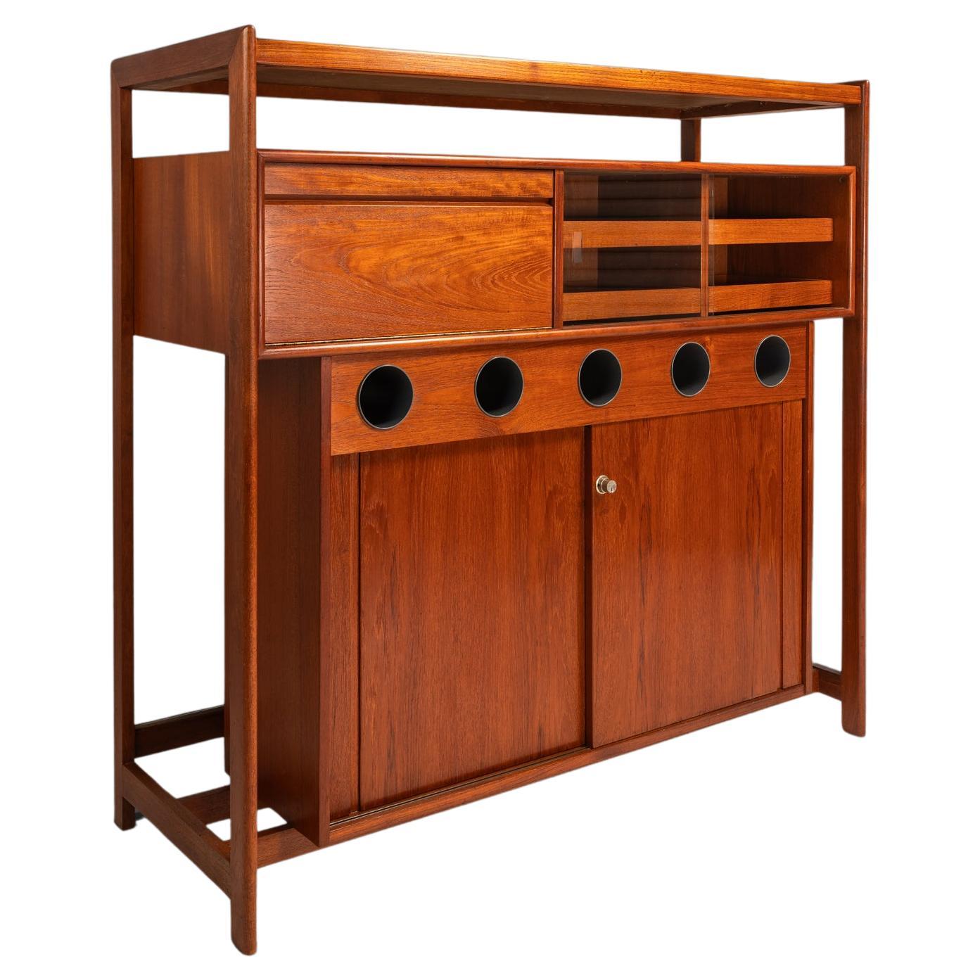 Dry Bar in Teak w/ Leather Top by Knud Bent for Dyrlund, Denmark, c. 1960s