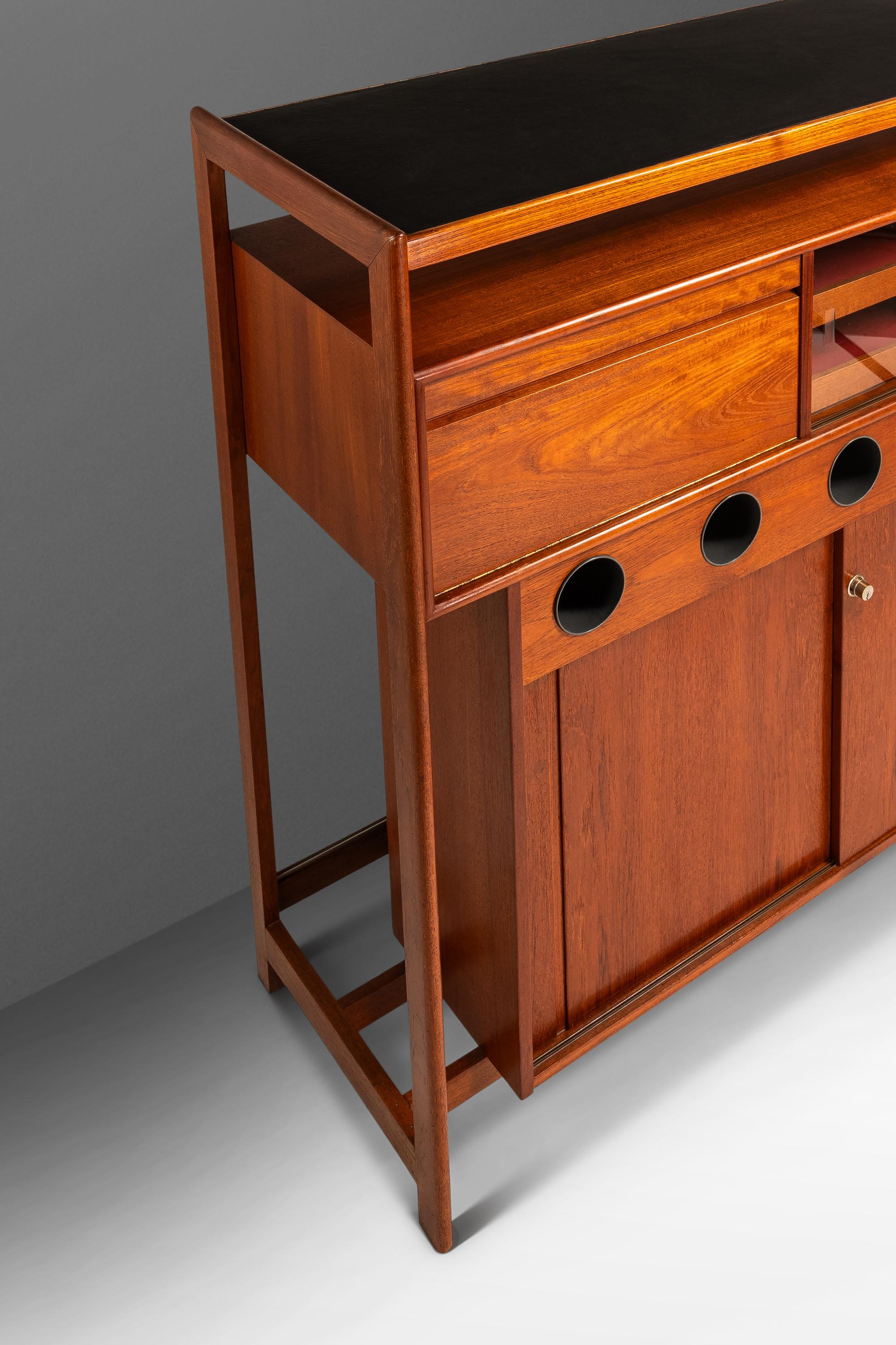 Dry Bar in Teak w/ Leather Top by Knud Bent for Dyrlund, Denmark, c. 1960s For Sale 8