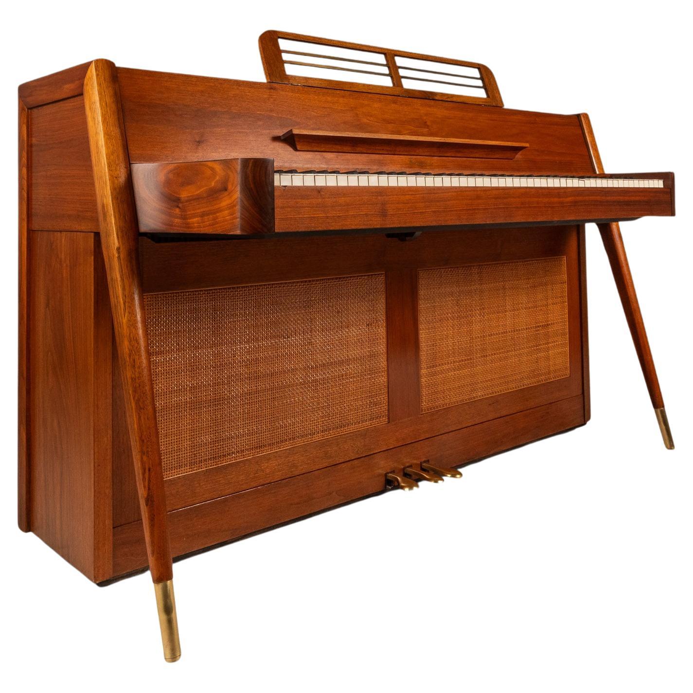 Rare Baldwin Acrosonic Spinet Piano in Walnut, Brass
Cane, USA, c. 1960s