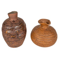 Set of 2 Japanese Shigaraki Yaki Ikebana Flower Vases Vessels, Japan, c. 1960s