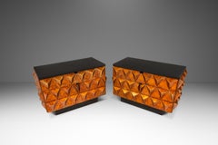 Set of 2 Brutalist Italian Diamond Faced Tables With Leather Tops, Italy, 1970s