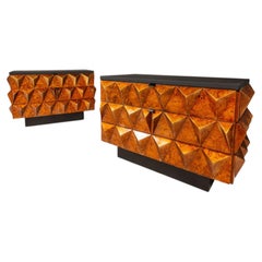Set of 2 Brutalist Italian Diamond Faced Tables With Leather Tops, Italy, 1970s