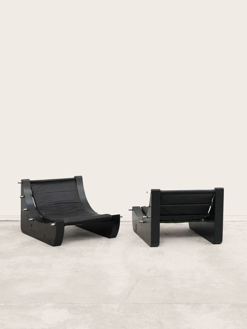 Pair of Armchairs Lacquered Wood, Chromed Metal Black Leather Mid-Century modern For Sale