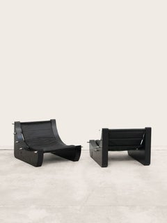 Pair of Armchairs Lacquered Wood, Chromed Metal Black Leather Mid-Century modern