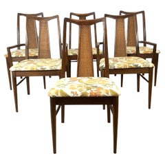 1960s American Mid-Century Modern Highback Walnut and Cane Dining Chairs, Six