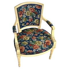 Vintage Louis XVI Style Fauteuil Armchair, Floral Tapestry Upholstery