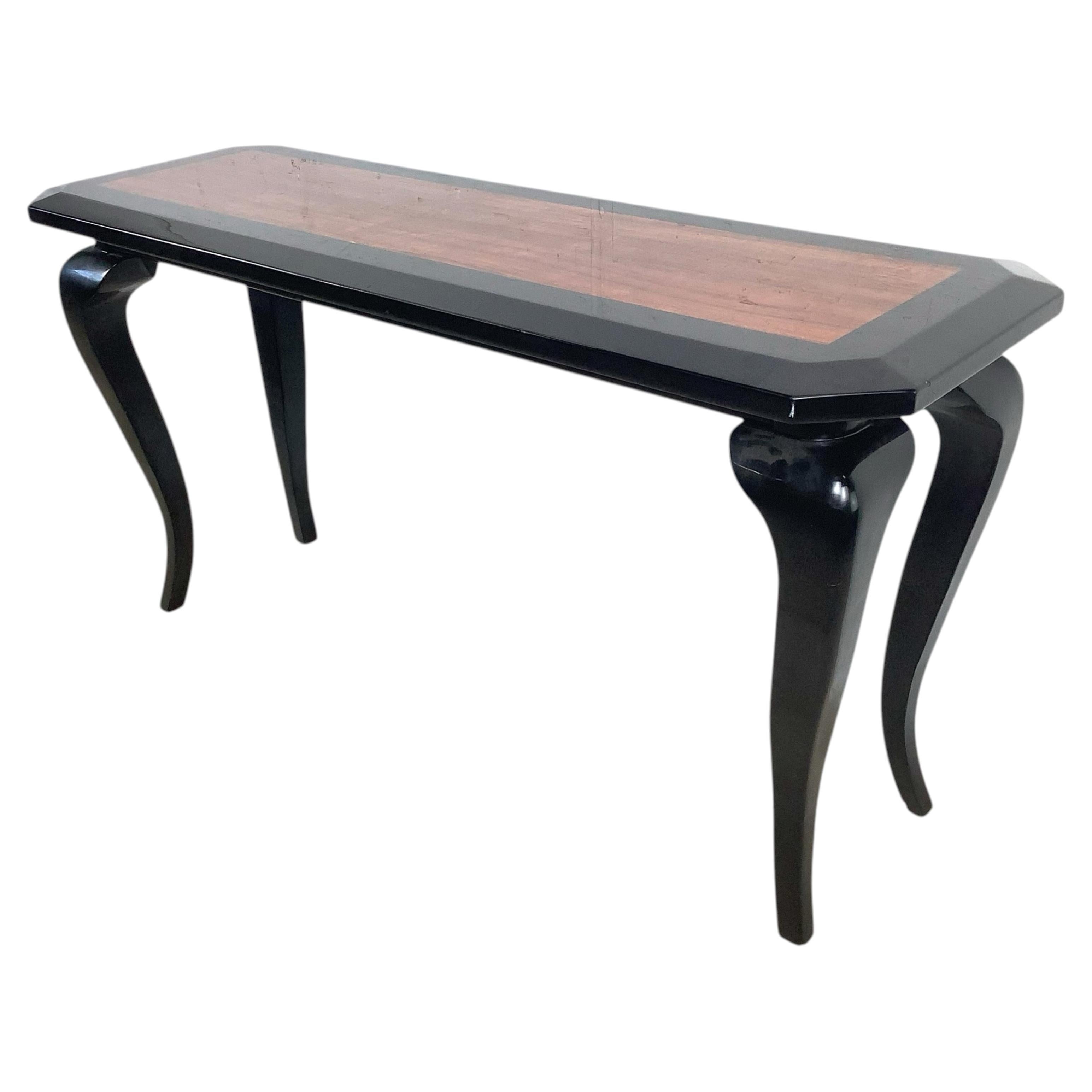Postmodern Italian-Style Black Lacquer Console Table with Wood Inlay