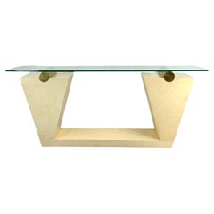 Vintage Modern Parchment-Style and Glass Console Table with Brass Accents