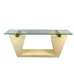 Vintage Modern Parchment-Style and Glass Console Table with Brass Accents