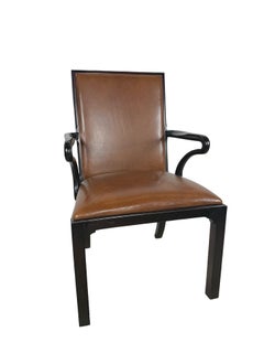 Baker Furniture Brown Leather and Ebonized Wood Armchair