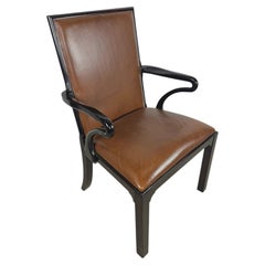 Baker Furniture Brown Leather and Ebonized Wood Armchair