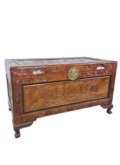 Vintage Asian Carved Wood Storage Chest with Figural Relief Decoration