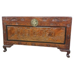 Vintage Asian Carved Wood Storage Chest with Figural Relief Decoration