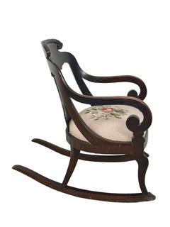 Antique Empire Style Carved Wood Rocking Chair with Needlepoint