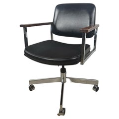 Mid-Century Chrome & Wood Swivel Office Chair with Upholstered Seat