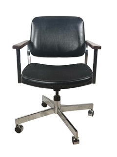 Mid-Century Chrome & Wood Swivel Office Chair with Upholstered Seat