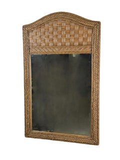 Vintage Wicker Wall Mirror with Arched Woven Crest and Braided Border