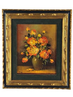 Cuadro vintage de naturaleza muerta floral, firmado por Cox, con rosas amarillas y naranjas, enmarcado