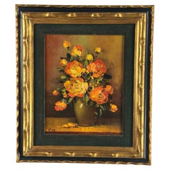 Cuadro vintage de naturaleza muerta floral, firmado por Cox, con rosas amarillas y naranjas, enmarcado