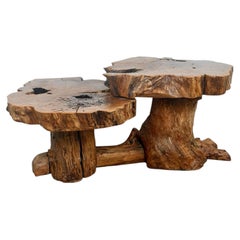 Vintage Two-Tier Live Edge Slab Coffee Table with Sculptural Trunk Base
