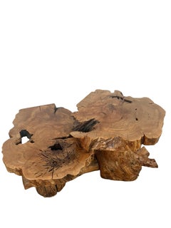 Vintage Two-Tier Live Edge Slab Coffee Table with Sculptural Trunk Base